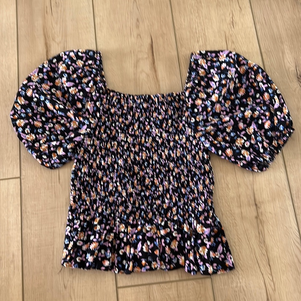 purple floral shirred ruffle blouse